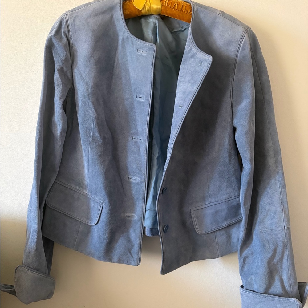 Blue Suede Women's Jacket - Classic Collarless Design
